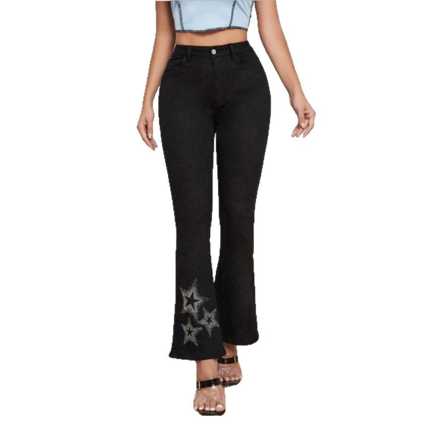 Women's High-Waisted Stretch Bootcut Jeans with Rhinestone Star Applique at Hem Mune Fashion