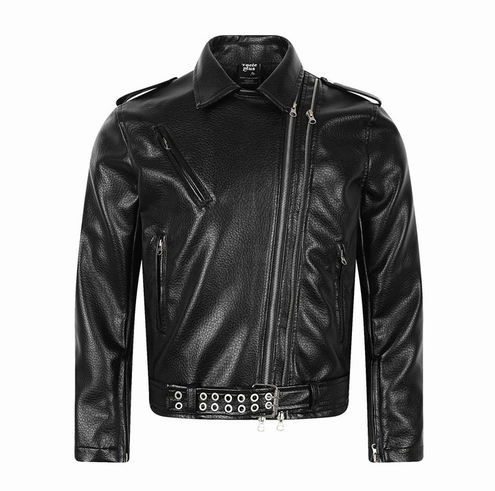 Men's Asymmetrical Biker Jacket Made of Faux Leather with Studded Hem and Multiple Zippers Mune Fashion
