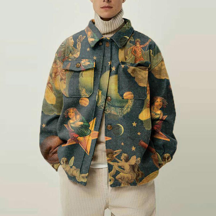 Women’s Oversized Wool-Look Shirt with Asymmetrical Bird Print and Flap Pocket Mune Fashion