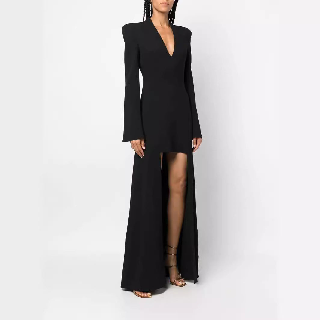 Women's maxi dress in blazer style with pronounced shoulder pads, tailored silhouette and high leg slit Mune Fashion