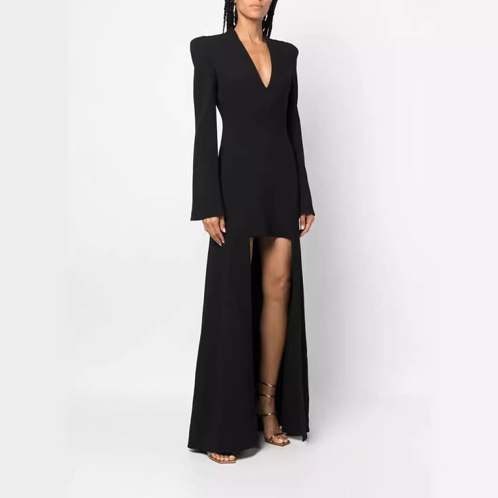 Women's maxi dress in blazer style with pronounced shoulder pads, tailored silhouette and high leg slit Mune Fashion