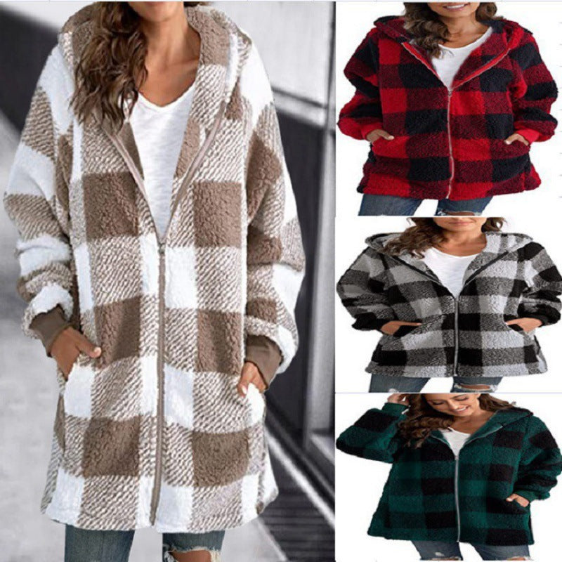 Women's Checked Teddy Fleece Coat with Hood and Zipper Mune Fashion