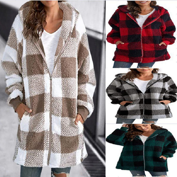 Women's Checked Teddy Fleece Coat with Hood and Zipper Mune Fashion