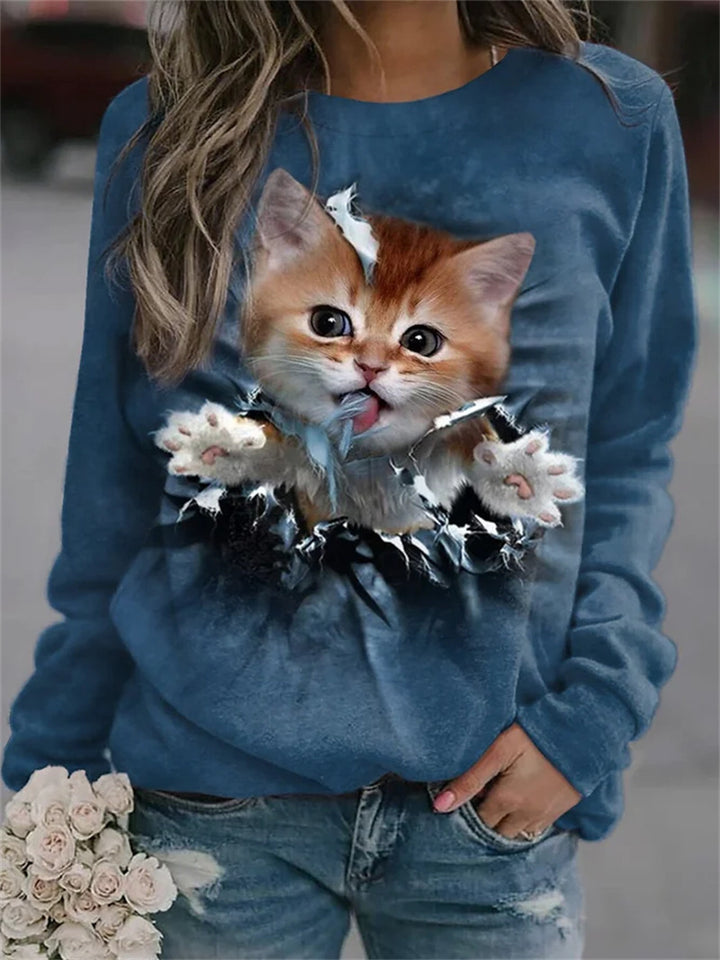 Women Cozy Oversized Fleece Pullover with Large Puppy Photo Print Mune Fashion