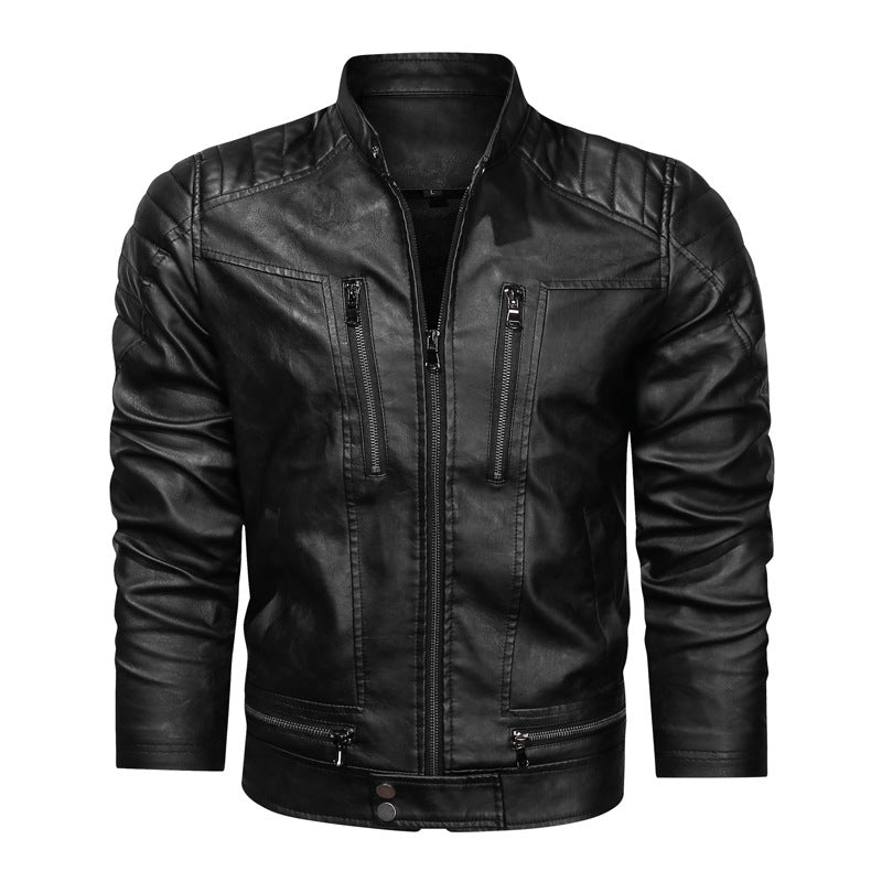 Men's motorcycle-inspired leather look jacket with stand-up collar and decorative seams Mune Fashion