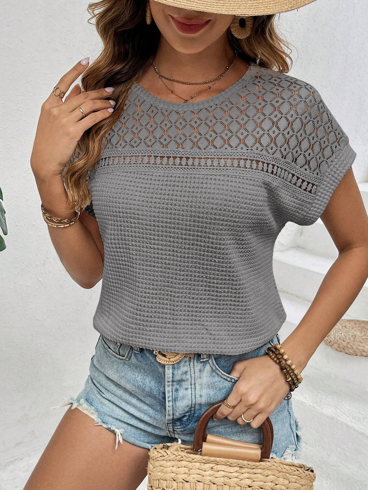 Women Short Sleeve Lace Crochet Top with Structured Waffle Knit Front Mune Fashion