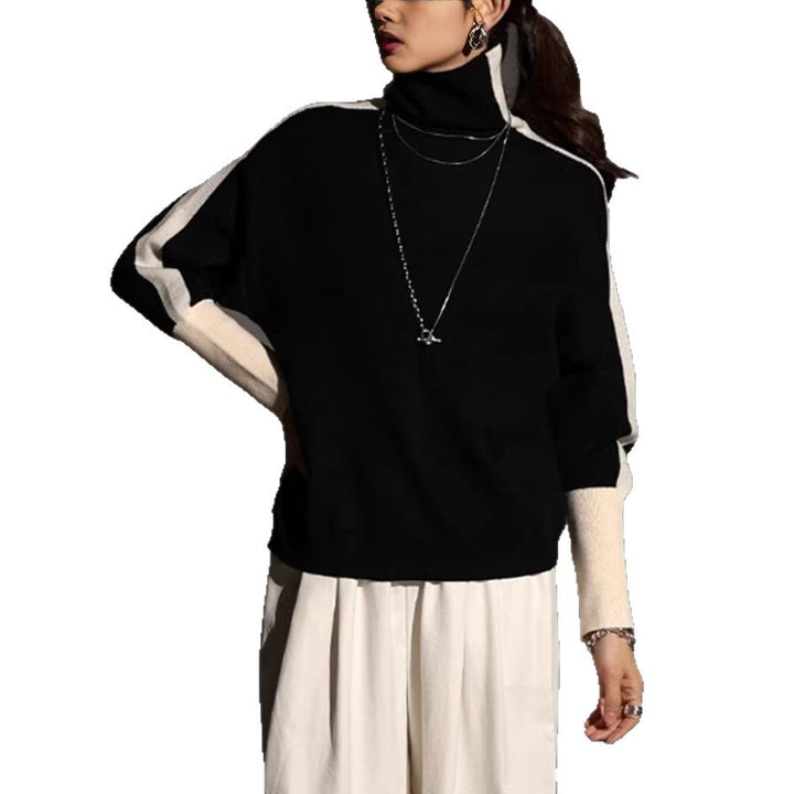 Women's Roll Neck Fine Knit Sweater with Wide Raglan Sleeves and Contrast Stripes Mune Fashion