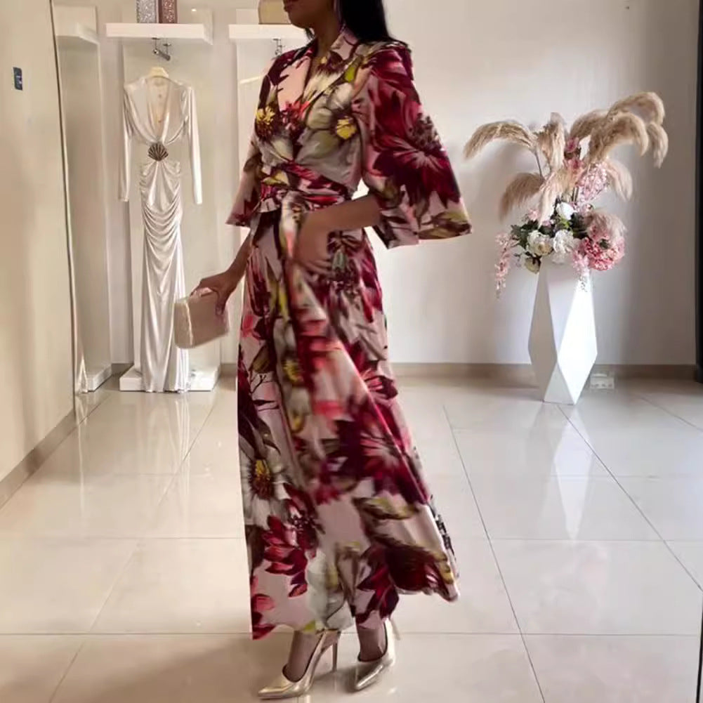 Ladies nan maxi dress with shawl collar, kimono sleeves and waist-defining tie belt Mune Fashion
