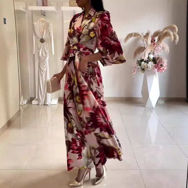 Ladies nan maxi dress with shawl collar, kimono sleeves and waist-defining tie belt Mune Fashion