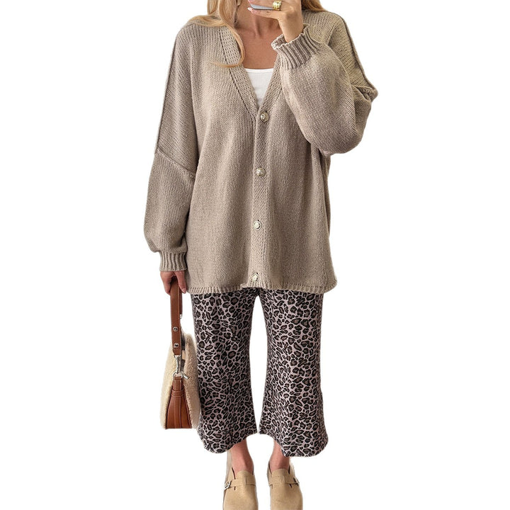 Women's Boucle Oversize Cardigan with Deep V-Neck, Kimono Sleeves and Gold Decorative Buttons Mune Fashion