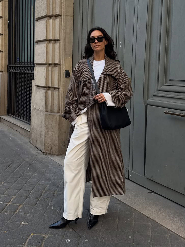 Women Oversize Coat in Glencheck with Wide Lapels and Dropped Shoulder Mune Fashion