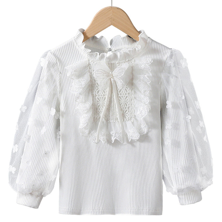 Girl ruffled blouse with floral appliqués and transparent sleeves Mune Fashion
