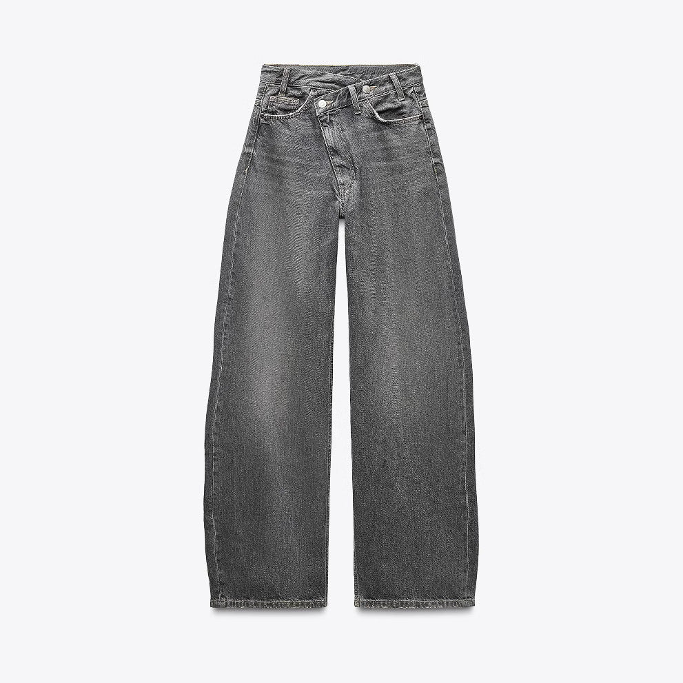 Women's high-waisted wide denim jeans with asymmetric waistband and culotte cut Mune Fashion