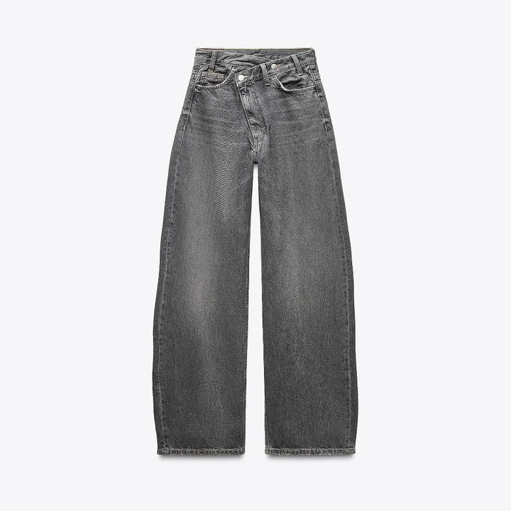Women's high-waisted wide denim jeans with asymmetric waistband and culotte cut Mune Fashion