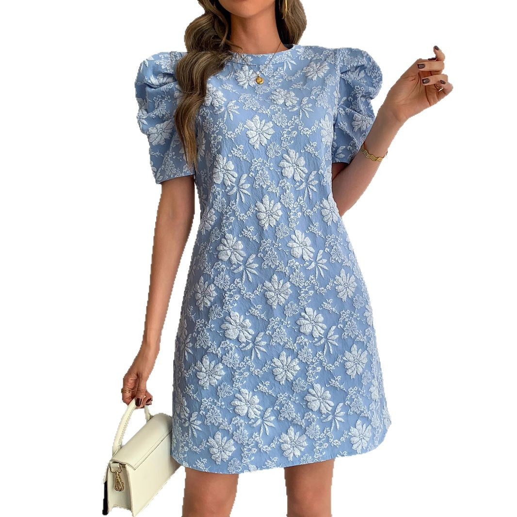 Women's floral jacquard mini dress with layered puff sleeves Mune Fashion