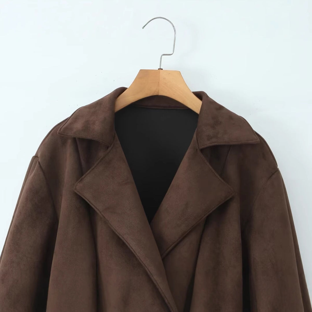 Women's Short Suede Look Jacket with Waist Belt and Lapel Collar Mune Fashion