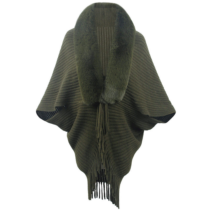 Women's Luxurious Knit Poncho with Elegant Faux Fur Collar and Fringes Mune