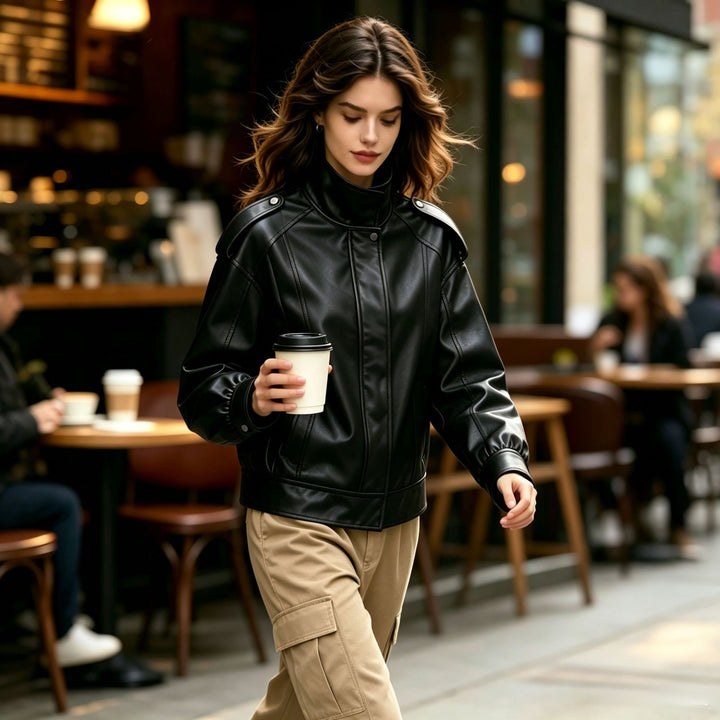 Women Oversized Leather Jacket with High Stand-Up Collar and Shoulder Patches Mune Fashion