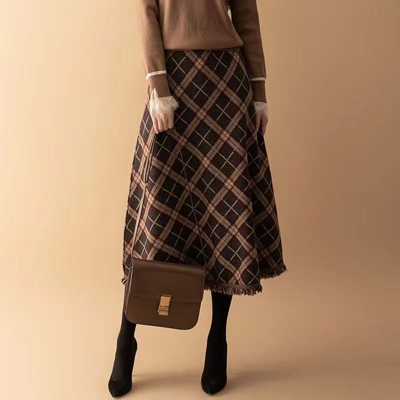 Ladies Elegant Checked Midi Skirt Mune Fashion