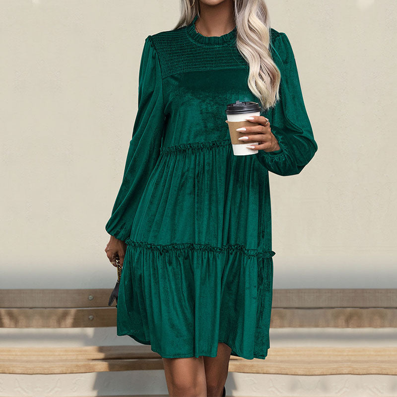 Women's Velvet Dress with Tiered Skirt, Ruffling and Stand-up Collar Mune Fashion