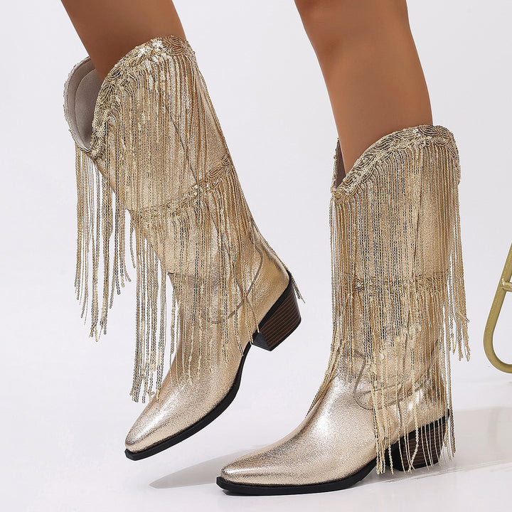 Women's knee-high fringe cowboy boots with fine beaded fringe decoration and sculpted block heel Mune Fashion