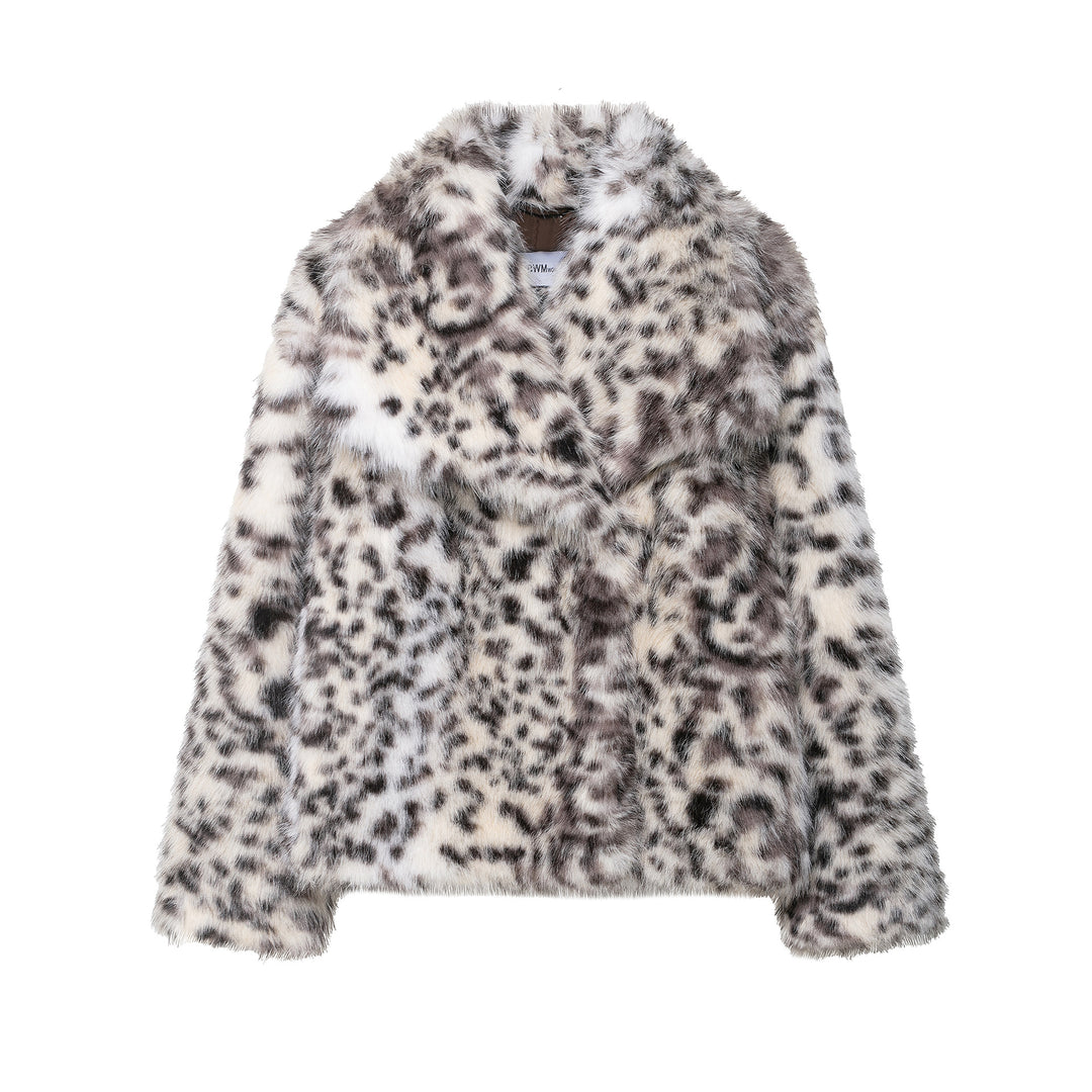 Women's Short Faux Fur Coat with Leopard Print and Shawl Collar Mune Fashion