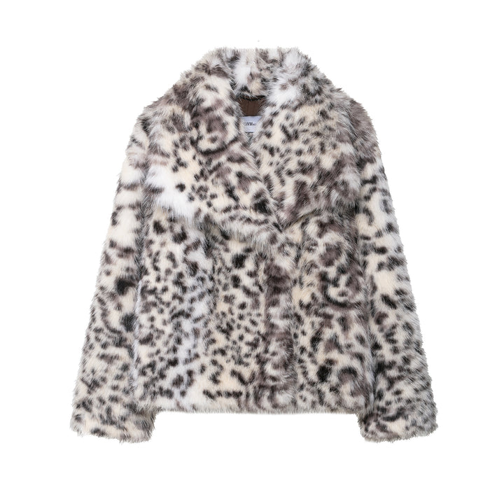 Women's Short Faux Fur Coat with Leopard Print and Shawl Collar Mune Fashion