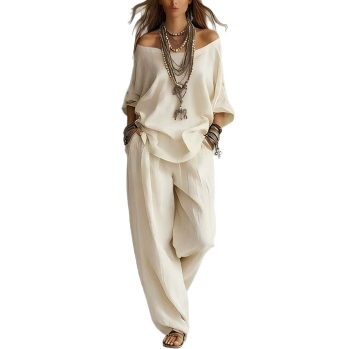 Women's Casual Lightweight Lounge Set with Off-the-Shoulder Neckline and Palazzo Pants Mune Fashion