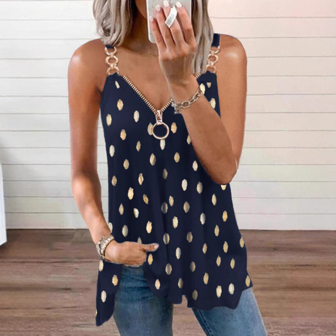 Women's lightweight tank top with O-ring zipper, chain strap detail, and metallic dots Mune Fashion