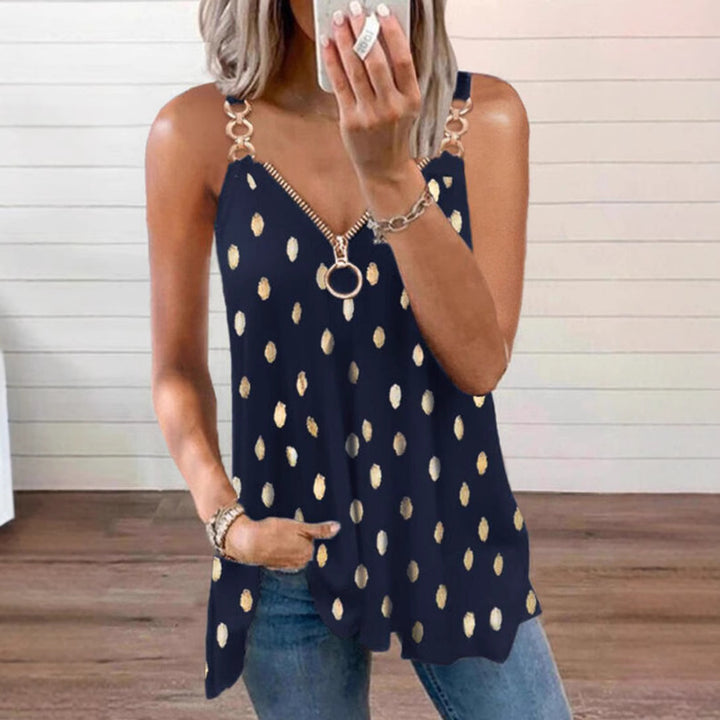 Women's lightweight tank top with O-ring zipper, chain strap detail, and metallic dots Mune Fashion