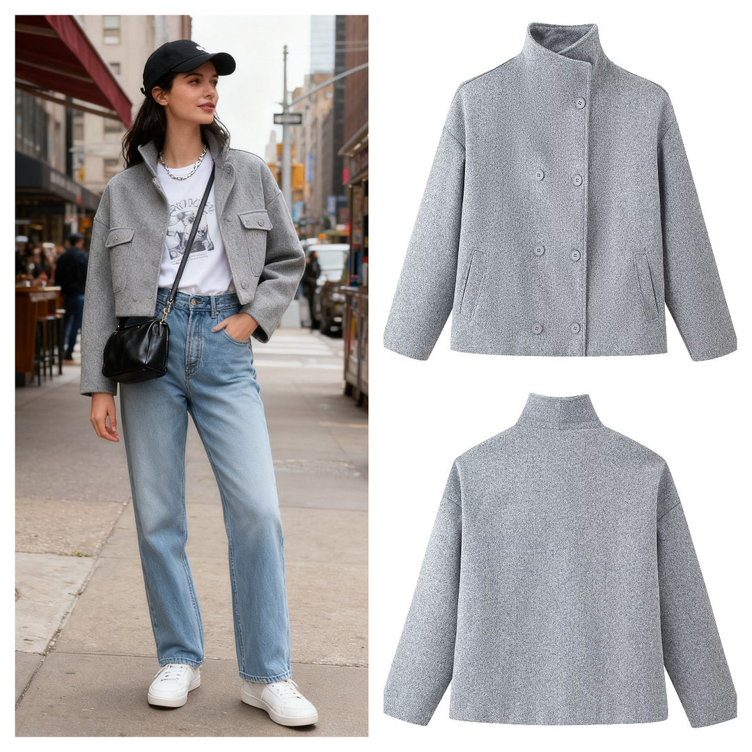 Women's Boxy Double-Breasted Short Coat made of Wool Blend with Stand-Up Collar Mune Fashion