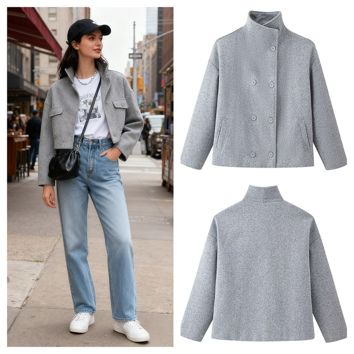 Women's Boxy Double-Breasted Short Coat made of Wool Blend with Stand-Up Collar Mune Fashion