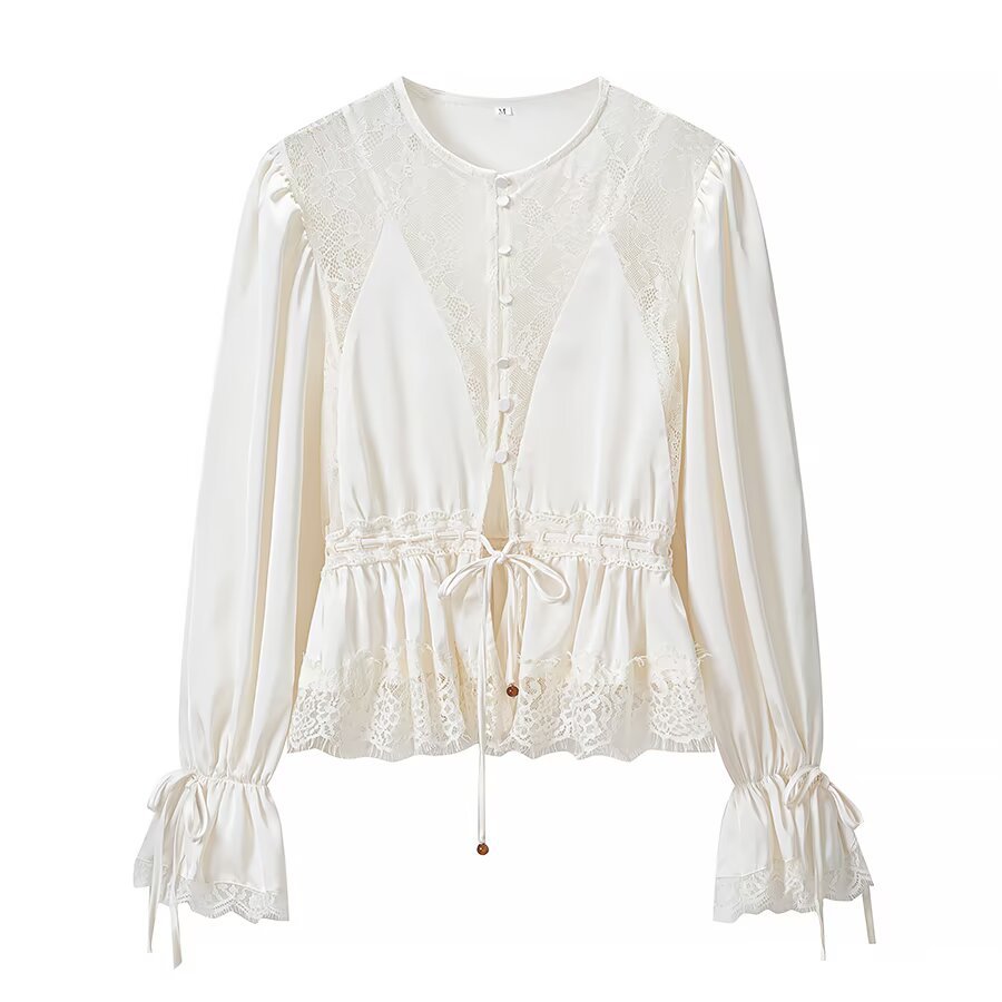 Ladies Romantic Lace Blouse with Drawstring Waist, Ruffled Hem and Balloon Sleeves Mune Fashion