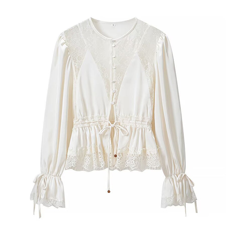 Ladies Romantic Lace Blouse with Drawstring Waist, Ruffled Hem and Balloon Sleeves Mune Fashion