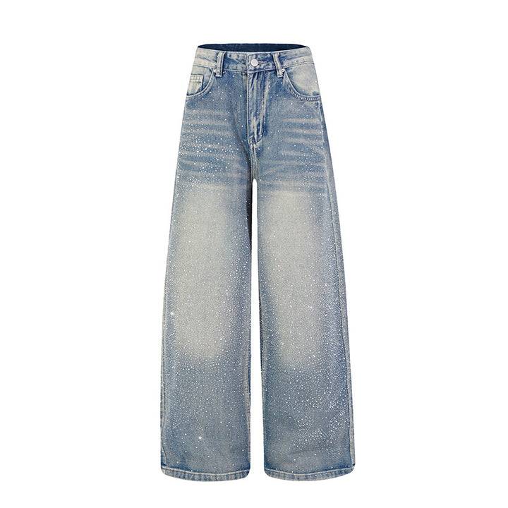 Women wide high-cut palazzo jeans with glitter effect and vintage wash Mune Fashion