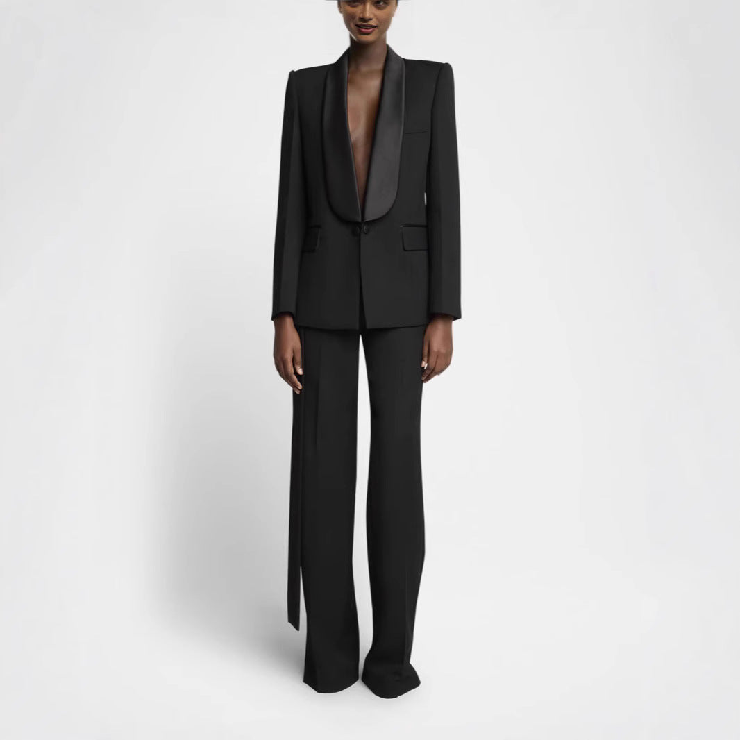 Women's Elegant Tuxedo Set with Satin Shawl Collar and Wide Palazzo Pants Cut Mune Fashion