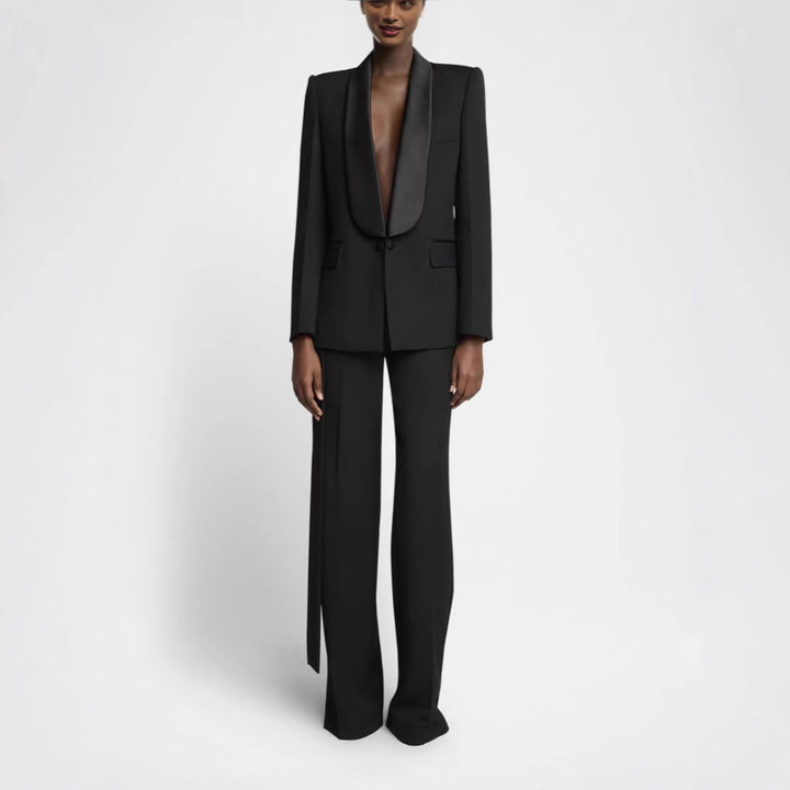 Women's Elegant Tuxedo Set with Satin Shawl Collar and Wide Palazzo Pants Cut Mune Fashion
