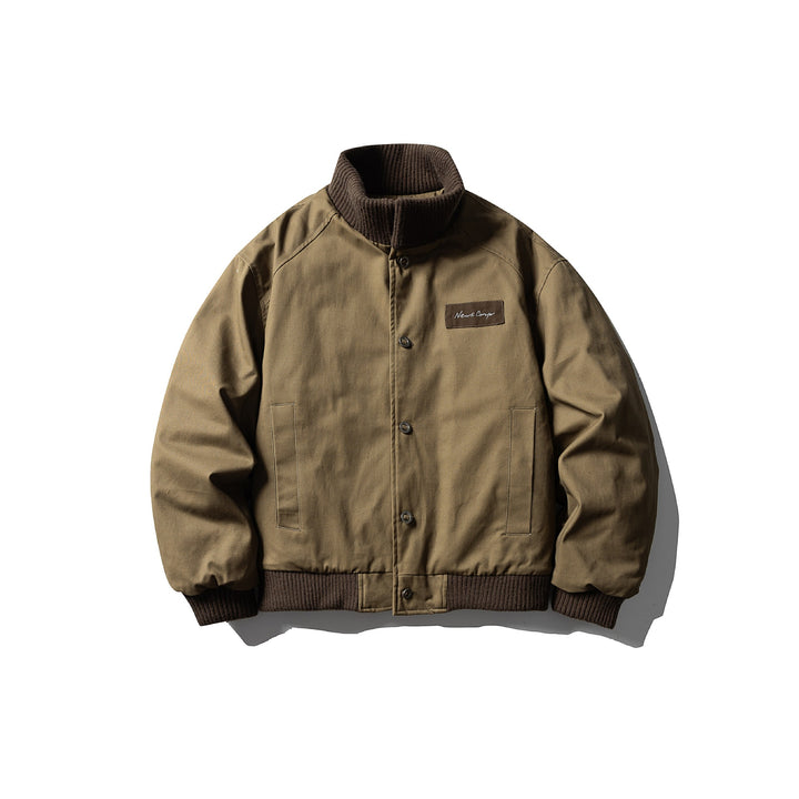 Men's Canvas Bomber Jacket with Ribbed Hem and High Stand Collar Mune Fashion