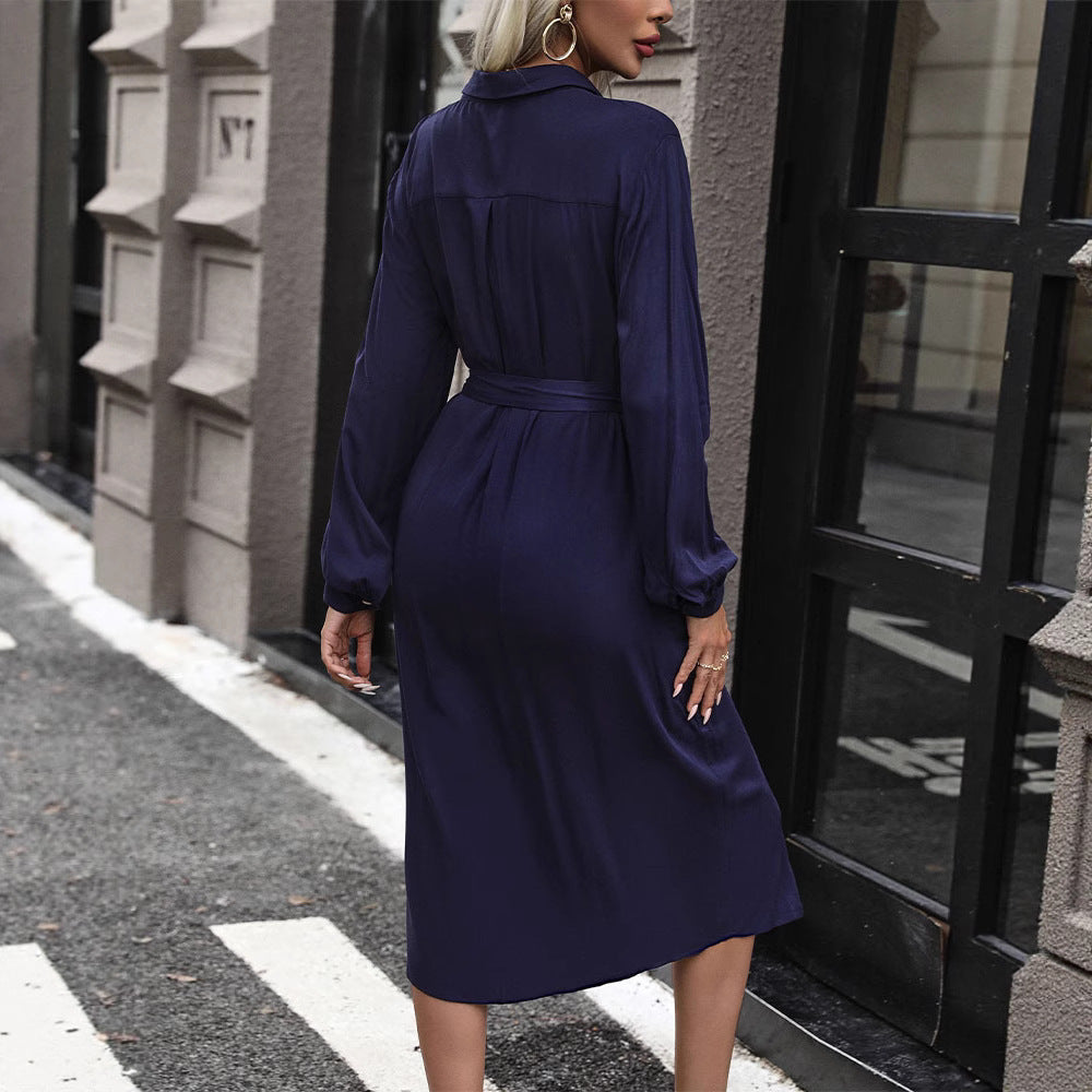 Women's midi dress in shirt blouse style with tying belt, concealed button placket, and high side slit Mune Fashion