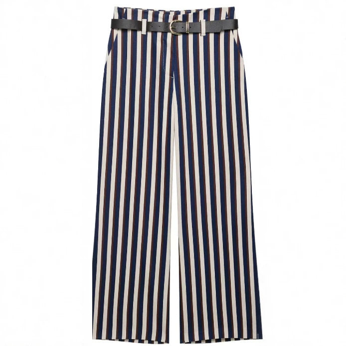Women's high-waisted striped wide palazzo pants with belt Mune Fashion