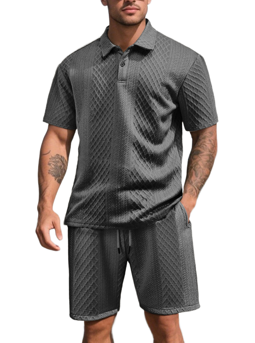 Men's three-dimensional relief leisure set with polo collar, concealed button placket and elastic drawstring shorts Mune Fashion