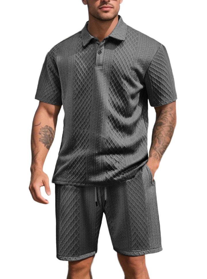 Men's three-dimensional relief leisure set with polo collar, concealed button placket and elastic drawstring shorts Mune Fashion