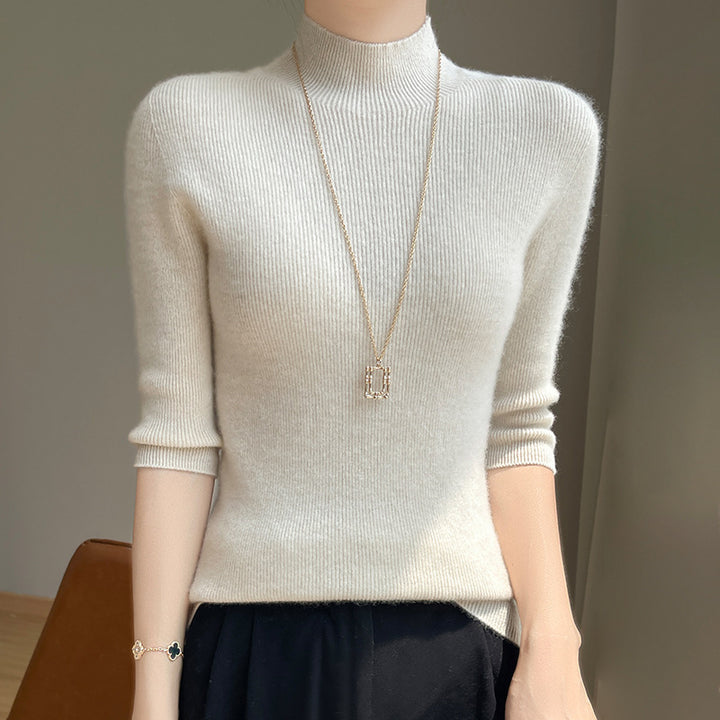 Women's Short Sleeve Mock Neck Sweater with Fluffy Angora Look Mune Fashion