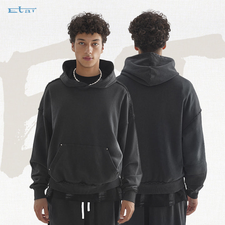 Unisex Oversized Hoodie with Frayed Hem, Kangaroo Pocket and Washed Bleach Effect Mune Fashion