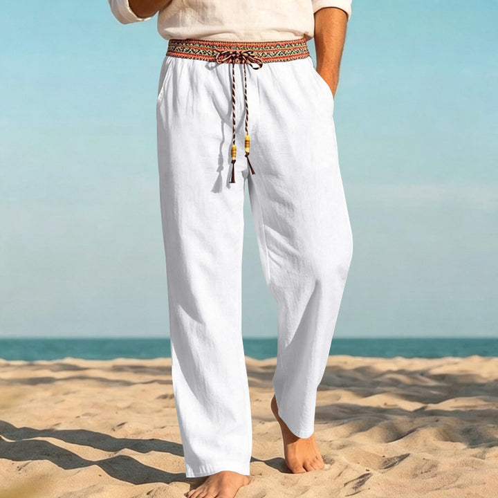Men's Linen Look Casual Trousers with Embroidered Drawstring Waistband and Drawstring