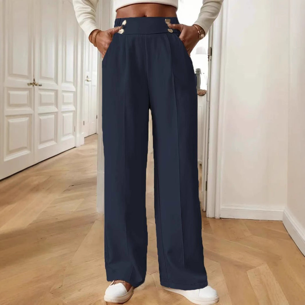 Women's High-Waisted Wide Marlene Pants with Decorative Button Waistband and Ironed Pleat Mune Fashion