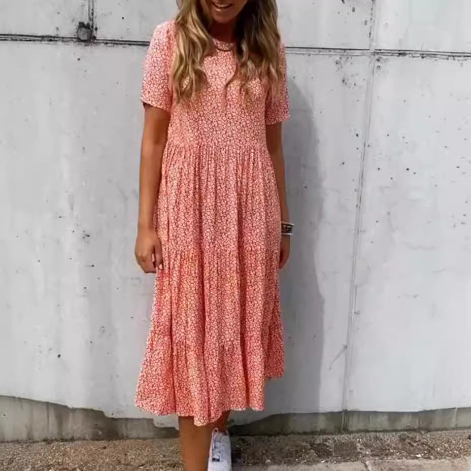 Women's floral crinkled midi dress with gathered empire waist, short sleeves, and tiered ruffle skirt Mune Fashion