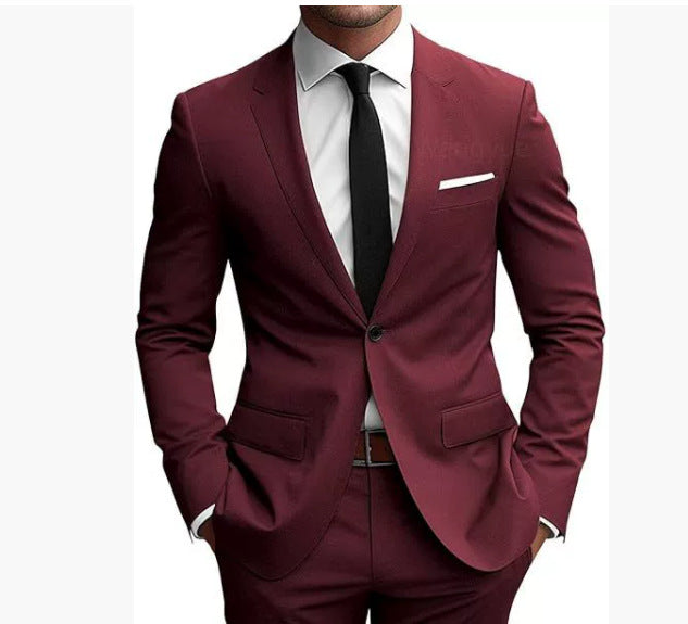 Men's fitted one-button suit set with notched lapels, French flap pockets, and slight stretch content Mune Fashion