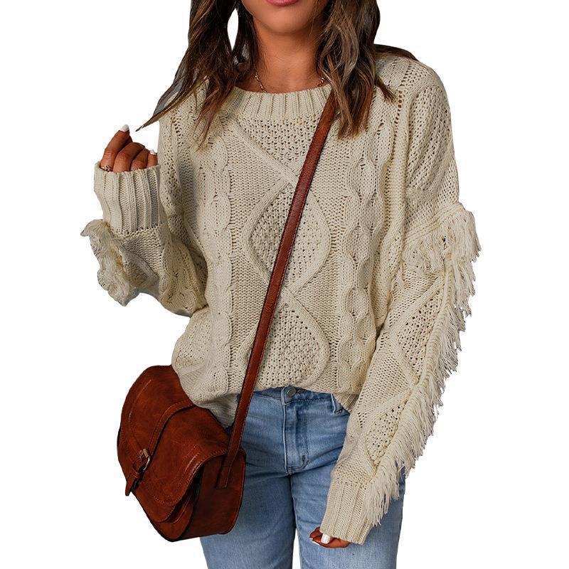 Women chunky knit sweater with cable knit structure, fringed sleeves and casual oversized fit Mune Fashion