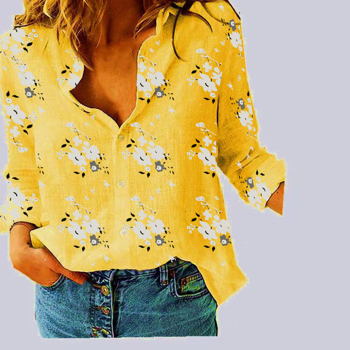 Women's loose linen blouse with star print V-neck buttoned front Mune Fashion